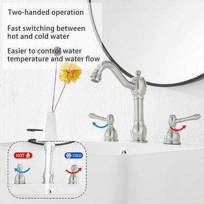 GGStudy 2 Handles 3 Holes Faucet Widespread Bathroom Sink Faucet Basin Tap Mixer Supply Hose Included Matching Pop Up Drain Brushed Nickel