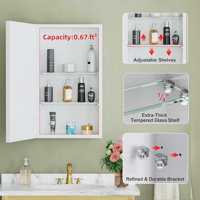 Buruis 14"x 24" Small Framed Medicine Cabinet with Mirror, Compact Recessed or Wall Mounted Bathroom Cabinet, Adjustable Tempered Glass Shelves, Left/Right Open Reversible, No Assembly Required, White