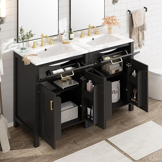 Harper & Bright Designs 48" Bathroom Vanity Set with Double Sink, Free Standing Single Basin Vanity Set with 2 Soft-Close Doors and Drawer, Wood Storage Cabinet with Ceramic Basin for Bathroom, Black