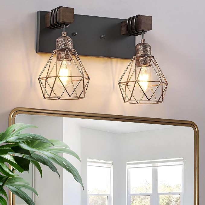 maesta Bathroom Vanity Light, 2 Light Farmhouse Fixture Over Mirror | Farmhouse Bathroom Light Fixtures, Wood & Metal, Black Gold, Anti-Rust Easy to Install for Rustic Bathroom Hallway