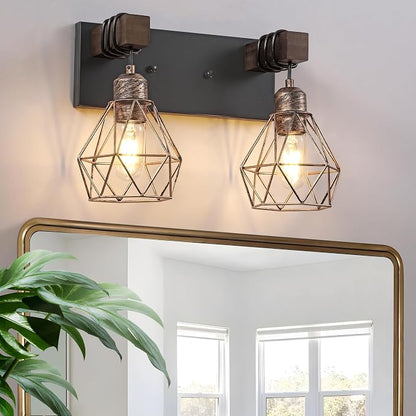 maesta Bathroom Vanity Light, 2 Light Farmhouse Fixture Over Mirror | Farmhouse Bathroom Light Fixtures, Wood & Metal, Black Gold, Anti-Rust Easy to Install for Rustic Bathroom Hallway