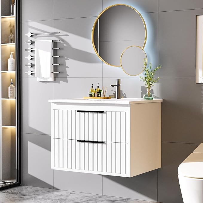 24" Bathroom Vanity with Sink, Floating Vanity Bathroom Sink Cabinet Wall Mount, Soft-Close Function 2 Large Drawers, Grooved Stripe Design, Hidden Damping Drawers, White