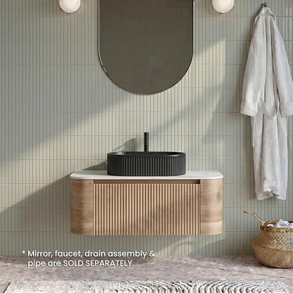 36" Preassembled Floating Bathroom Vanity with Black Sink, Oak | Mid-Century Modern Style, Fluted & Soft-Close Drawer with U-shaped Wall, Sinterted Stone Countertop, Towel Rack Included