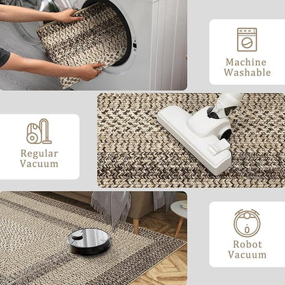 Imitation Braided Collection-Print Modern Area Rug 5x7 Washable Rug with Non Slip Rubber Backing Non Shedding Farmhouse Floor Cover, Ultra-Thin Foldable Carpet for Bedroom, Living Room
