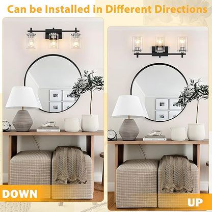 3-Lights Black and Brushed Nickel Bathroom Light Fixtures, Modern Black and Nickel Vanity Light with Clear Glass Shade, Wall Mount Lights Over Mirror for Bedroom Hallway Living Room
