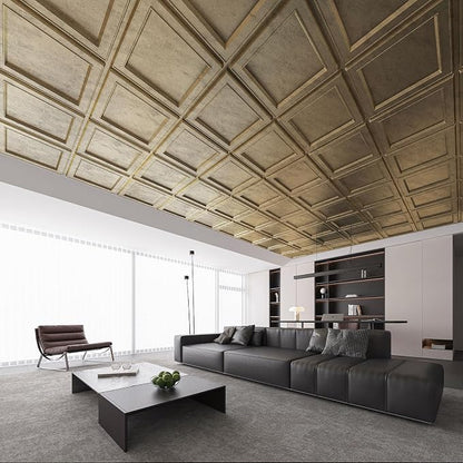 WOWSTAR 12-Pack 24"x24" Drop Ceiling Tiles, Waterproof Glue up Ceiling Panels, Modern Style 3D Wall Panels, Antique Gold | PVC ceiling panels, 24"x24", waterproof, glue-up install, basement kitchen bathroom, 12-pack, set C