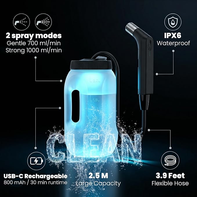 ESSUMAR Portable Bidet for Travel – 2.5L Electric Rechargeable Handheld Bidet Sprayer with 1.2m Hose, 2 Pressure Modes, USB-C, IPX6 Waterproof – Travel Bidet for Women, Men, Postpartum, Camping