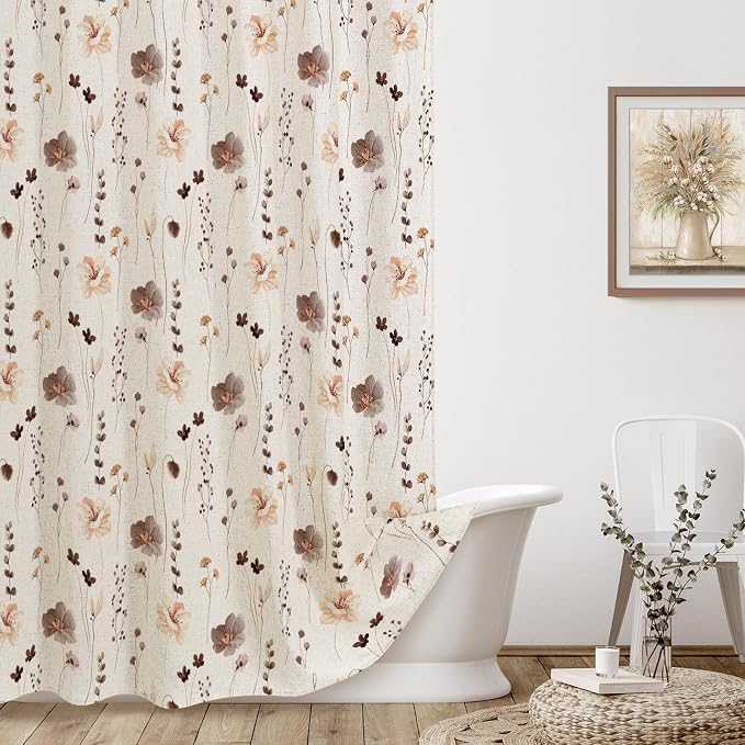 Brown Linen Watercolor Floral Fabric Shower Curtain, 72x72 | Linen Fabric, Modern Minimalist Floral Print, Machine Washable, Rustproof Grommets, for Bathroom Home