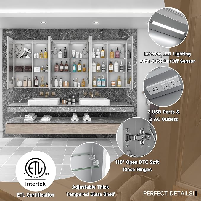 96" x 40" LED Medicine Cabinet with Mirror, Smart Bathroom Storage Cabinet, Anti-Fog, 3 Color Stepless Dimmable Light, 10 Brightness Levels, 5 Doors, Adjustable Shelves, Soft-Close Hinges