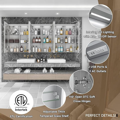 96" x 40" LED Medicine Cabinet with Mirror, Smart Bathroom Storage Cabinet, Anti-Fog, 3 Color Stepless Dimmable Light, 10 Brightness Levels, 5 Doors, Adjustable Shelves, Soft-Close Hinges