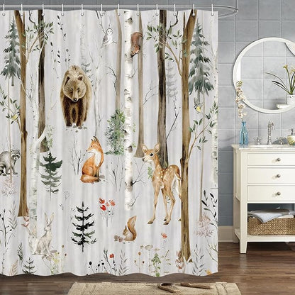 JAWO Rustic Forest Shower Curtains, Lodge Cabin Woodsy RV Shower Curtain, Wildlife Animals Woodland Campers Camping Bathroom Set with Hooks, 60X70 Inch, Grey