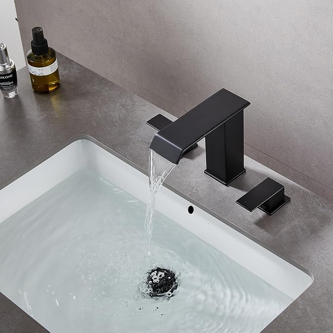 Bathroom Faucet 3 Hole Black 8 inch Widespread Waterfall with Pop Up Drain | 2 Handle Bathroom Sink Faucet with Water Supply Hoses Modern Vanity Lavatory Basin Faucet Commercial
