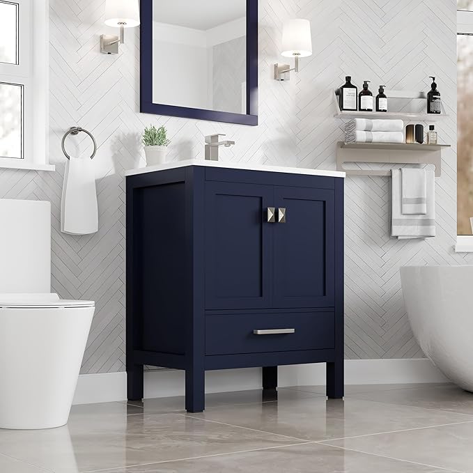 Eviva London 30 in. Blue Single Sink Bath Vanity with Carrara Quartz Top and Undermount Porcelain Sink