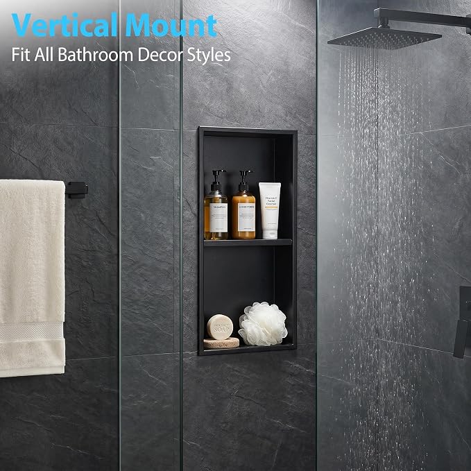 304 Stainless Steel Shower Niche 12” x 24” for Bathroom Storage | Matte Black Recessed Shower Niche No Tile Needed with 2-Tier Shelves for Bathroom Space Saving
