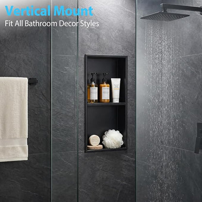 304 Stainless Steel Shower Niche 12” x 24” for Bathroom Storage | Matte Black Recessed Shower Niche No Tile Needed with 2-Tier Shelves for Bathroom Space Saving