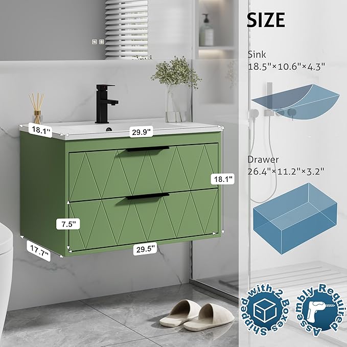 eclife 30" Bathroom Vanities Cabinet with Sink Combo, Wall Mounted Floating Cabinet W/Decor Line, Soft-Close System, 2 Extra Big Drawers, Matte Black Faucet, Matcha Green
