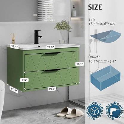 eclife 30" Bathroom Vanities Cabinet with Sink Combo, Wall Mounted Floating Cabinet W/Decor Line, Soft-Close System, 2 Extra Big Drawers, Matte Black Faucet, Matcha Green