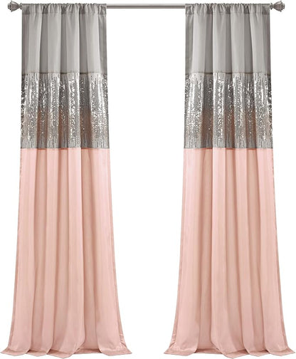Lush Decor Night Sky Window Curtain Panel, Single, 42" W x 84" L, Gray & Blush - Sequin Curtains - Sparkle & Color Block Design - Modern Glam Decor - Long Curtains For Bedroom & Living Room