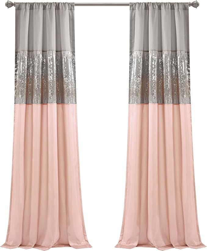 Lush Decor Night Sky Window Curtain Panel, Single 42"W x 95"L Gray & Blush - Sequin Backdrop Curtain - Room Darkening Curtains For Bedroom - Glam Decor
