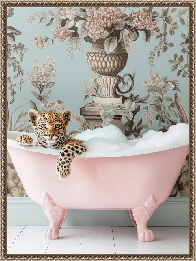 Amanti Art Framed Canvas Wall Art 24x18 Leopard Pink Bubble Bath by Niky Rahner, Framed Wall Art Canvas, Animals Artwork, Traditional Decor, Medium Poster Painting for Living Room, Bedroom, Bathroom