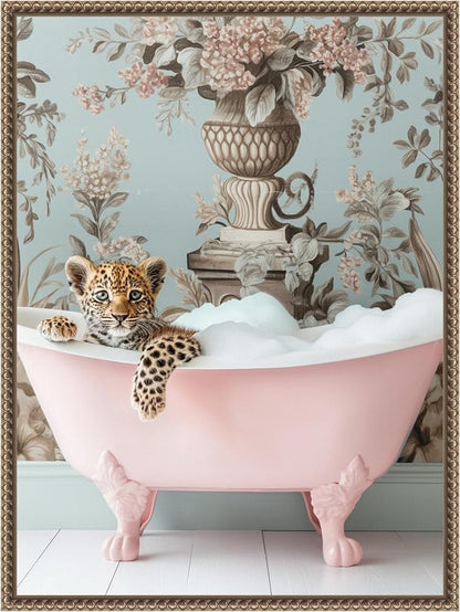 Amanti Art Framed Canvas Wall Art 24x18 Leopard Pink Bubble Bath by Niky Rahner, Framed Wall Art Canvas, Animals Artwork, Traditional Decor, Medium Poster Painting for Living Room, Bedroom, Bathroom