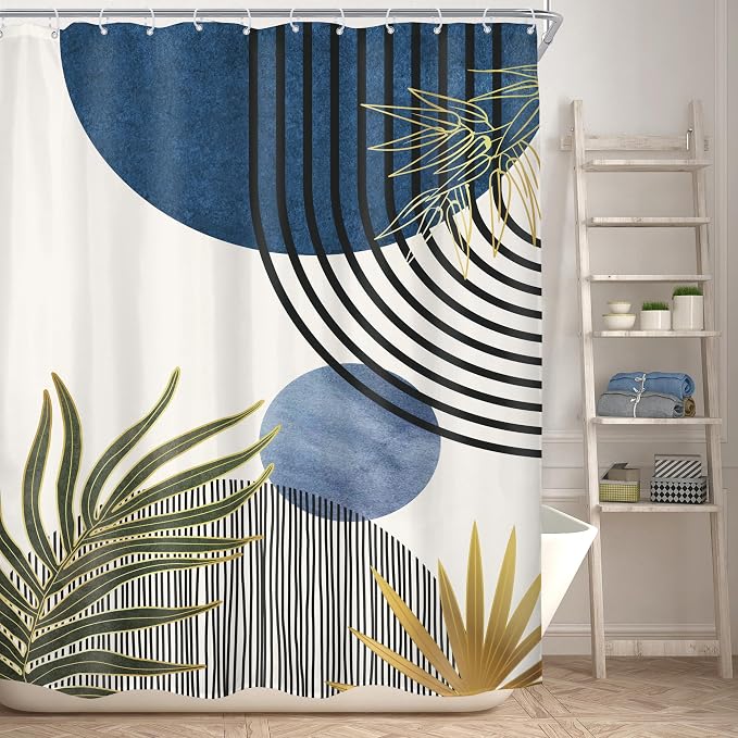 Mid Century Blue Green Boho Abstract Modern Bathroom Shower Curtain Set | 54Wx78H Chic Plants design, waterproof HD print with fast-drying fabric and 12 hooks.