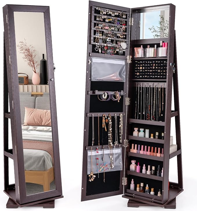 CHARMAID 360° Swivel Jewelry Armoire with Full Length Mirror, Standing Lockable Jewelry Cabinet Organizer, Large Storage Capacity, Inside Makeup Mirror, Back Storage Shelves (Espresso)