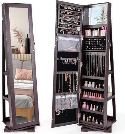 CHARMAID 360° Swivel Jewelry Armoire with Full Length Mirror, Standing Lockable Jewelry Cabinet Organizer, Large Storage Capacity, Inside Makeup Mirror, Back Storage Shelves (Espresso)
