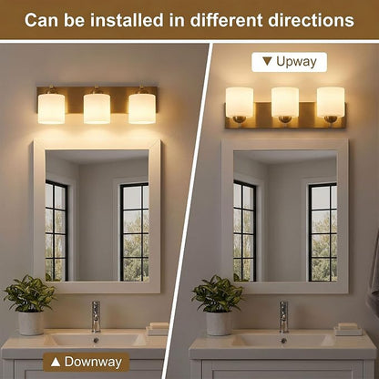 mirrea 3-Light Brushed Gold Bathroom Vanity Light with White Glass Shades | Over Mirror,Wall Sconce,ETL listed,Bathroom Lighting Fixtures,Elegant Design,Milk White Glass Shade,Easy Installation