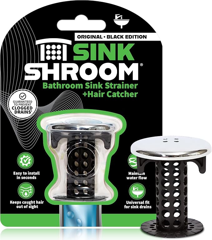 SinkShroom Chrome Edition Revolutionary Bathroom Sink Drain Protector Hair Catcher, Strainer, Snare, Black