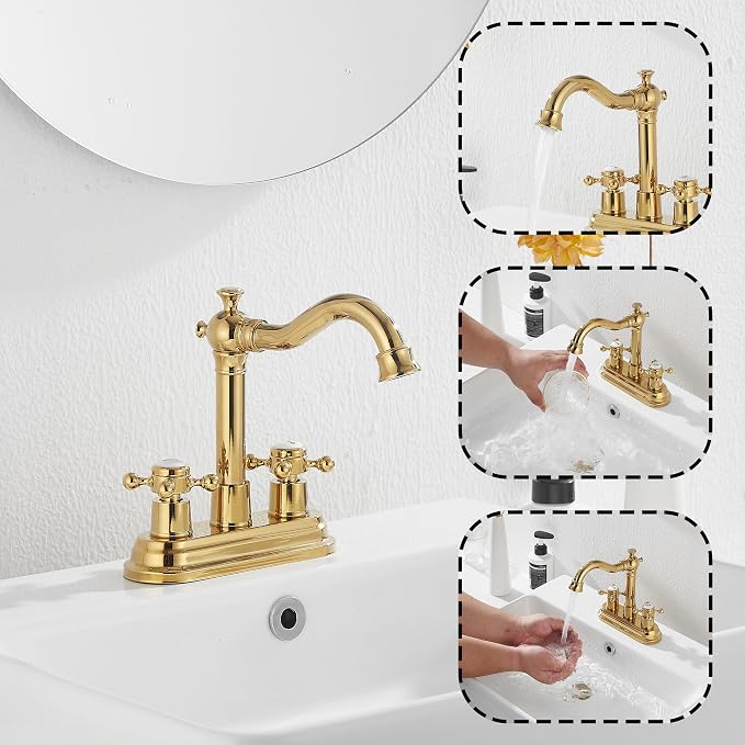 Bathroom Faucet Polished Gold 2 Handles 4 Inches Centerset Bathroom Vanity with Drain Assembly and Supply Hose Lavatory Faucet