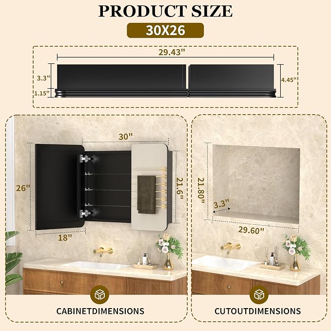 30x26 Black Medicine Cabinet with Mirror, Recessed & Surface Mount | Bathroom mirror with storage: 6 adjustable shelves fit tall bottles; DTC soft-close hinges; rust-resistant aluminum