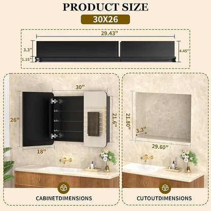 30x26 Black Medicine Cabinet with Mirror, Recessed & Surface Mount | Bathroom mirror with storage: 6 adjustable shelves fit tall bottles; DTC soft-close hinges; rust-resistant aluminum