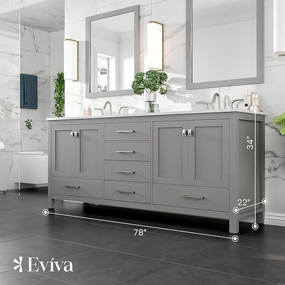 Eviva Aberdeen 78 inch Gray Transitional Double Sink Bathroom Vanity with White Carrara Quartz Countertop and Undermount Porcelain Sinks