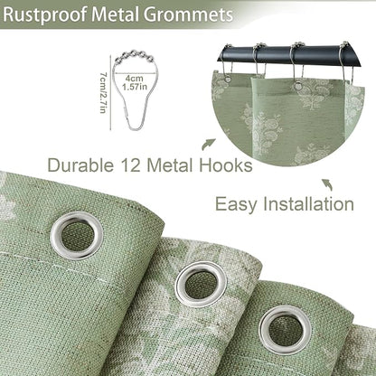 ORTIGIA Linen Textured Ruffle Shower Curtain with Metal Hooks, Green Vintage Block Print Floral Boho Waterproof Bath Curtain for Rustic Farmhouse Bathroom Decor 72x72 Inch