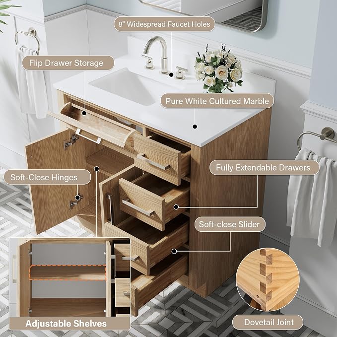 36-Inch Bathroom Vanity with Sink W/ 2 Doors & 4 Drawers & 1 Flip Drawer, Oak Vanity W/Brushed Nickel Handles