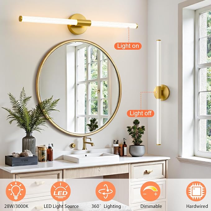 LED Bathroom Vanity Lights Gold Wall Sconce Modern 30" | 360° Bright Bathroom Light Fixture, Dimmable Vanity Light Bar, Hardwired Wall Light 3000K Warm White for Mirror
