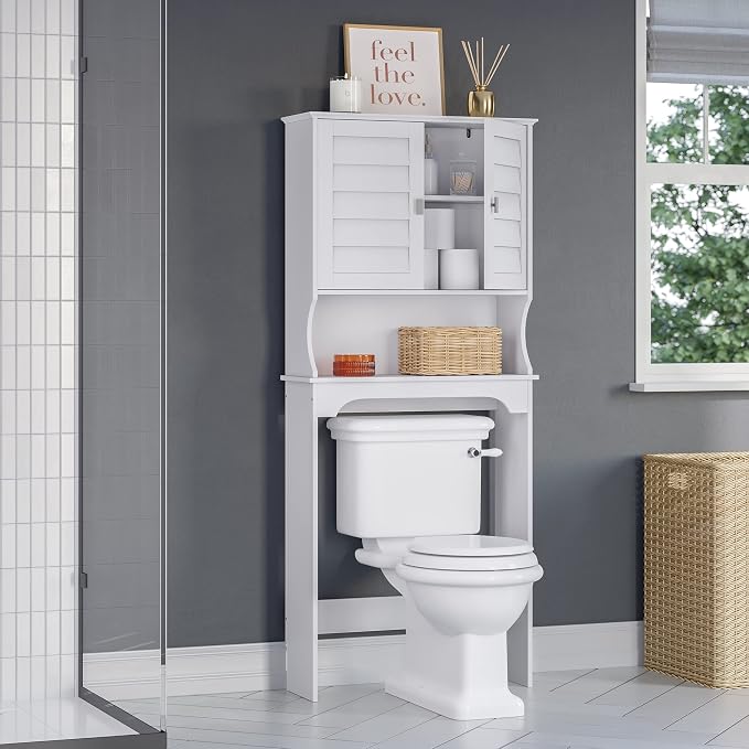 RiverRidge Brookfield Over the Toilet Spacesaver Medicine Cabinet, White | Bathroom Storage, Adjustable Shelves, Plantation-Style Shutter Doors, Rectangular Handles, Linen Storage Cabinet Organizer