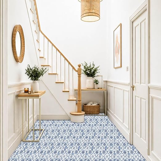 Delft Blue Floral Vine Peel and Stick Floor Tiles 12x12 Inch 10PCS | Delft blue floral vine pattern on a white background vinyl floor stickers for kitchen bathroom entryway and indoor home decor