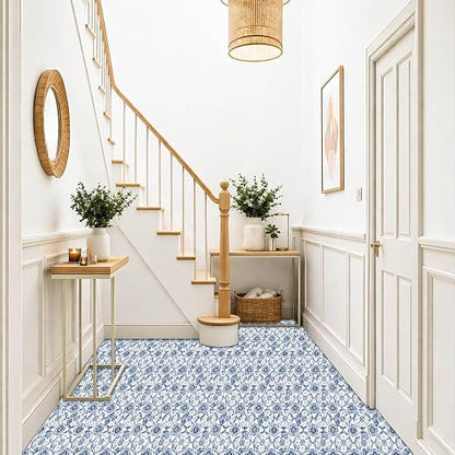 Delft Blue Floral Vine Peel and Stick Floor Tiles 12x12 Inch 10PCS | Delft blue floral vine pattern on a white background vinyl floor stickers for kitchen bathroom entryway and indoor home decor