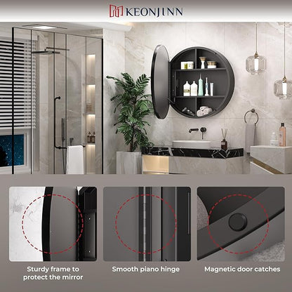Keonjinn 26 Inch Round Medicine Cabinet with Lights, Black LED Bathroom Medicine Cabinet Mirror, Circle, Electrical Outlet, 3 Color Lights, Anti-Fog, Dimmable, Surface Mount Only