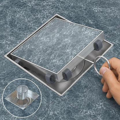 4 Inch Square Shower Drain with Tile Insert Grate, Brushed | SUS 304 Stainless Steel, Removable Grate & Hair Strainer Design, for Bathroom, Kitchen, Balcony, Garage, Basement, Toilet
