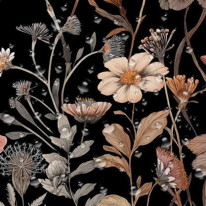 Vintage Boho Black Floral Shower Curtain, Beige Brown Cream Tan Rustic Farmhouse Flower Shower Curtain Set, Cute Botanical Wlidflowers Fabric Shower Curtains Decoration, 72X72 Bathroom Accessories