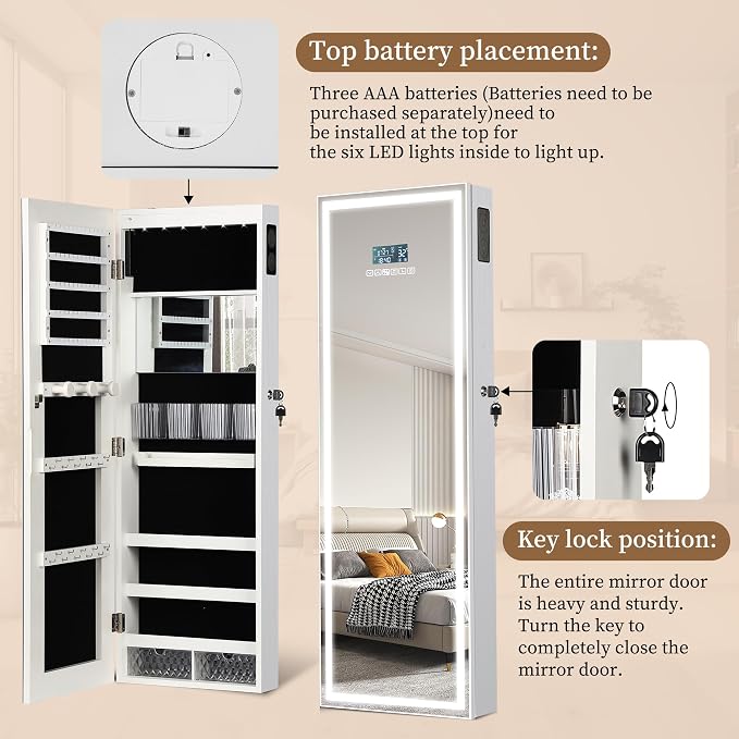 LED Mirror Jewelry Cabinet, Bluetooth Speaker, Full Length Mirror, White | Touch Screen, Defogging, Color Temperature & Timer Control; Lockable Storage with 2 Drawers; Wall or Door Mounted; 42.2" Tall