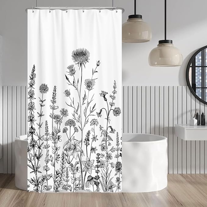 GOAOK Vintage Boho Shower Curtain Black and White Theme, Floral Aesthetic Dark Wildflower Botanical Flowers Shower Curtain for Bathroom with Hook, Farmhouse Plant Art Chic Shower Curtain 36x72