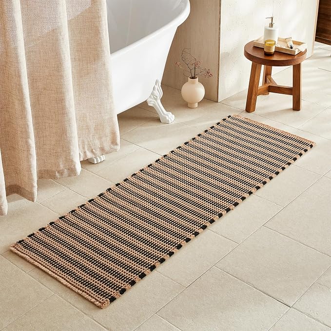 TYUU Waffle Runner Rug Bathroom, Long Boho Bath Mat, 72x24 Black & Khaki | Super Absorbent Quick Dry Bath Rug, Non-Slip Backing, Soft Waffle Washable Farmhouse Bathroom Mats, Tub, Shower & Home Decor