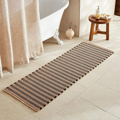 TYUU Waffle Runner Rug Bathroom, Long Boho Bath Mat, 72x24 Black & Khaki | Super Absorbent Quick Dry Bath Rug, Non-Slip Backing, Soft Waffle Washable Farmhouse Bathroom Mats, Tub, Shower & Home Decor
