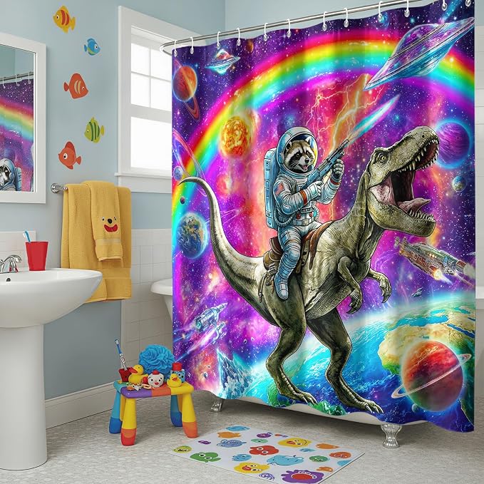 Accnicc Space Raccoon Dinosaur Shower Curtain for Bathroom 72 X 72 Inch | Funny Cool Animal Dino Shower Curtains, Fantasy Galaxy Kids Bathroom Curtain Decor, Water-Resistant Washable Polyester Fabric