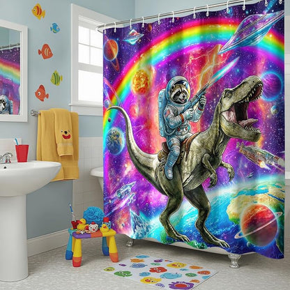 Accnicc Space Raccoon Dinosaur Shower Curtain for Bathroom 72 X 72 Inch | Funny Cool Animal Dino Shower Curtains, Fantasy Galaxy Kids Bathroom Curtain Decor, Water-Resistant Washable Polyester Fabric