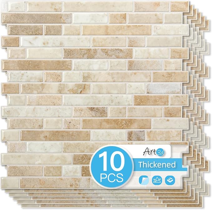 Art3d Linear Tile Peel and Stick Backsplash, 10-Pack, Eurasian Mocha Stone | 12 x 12 Inch, Enhanced Thickness, Warp Resistant, Strong Adhesion, Sturdy, for Kitchen, Bedroom, Ideal for Home Improvement